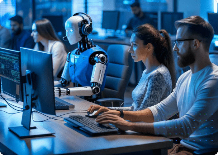 Team working with AI robot